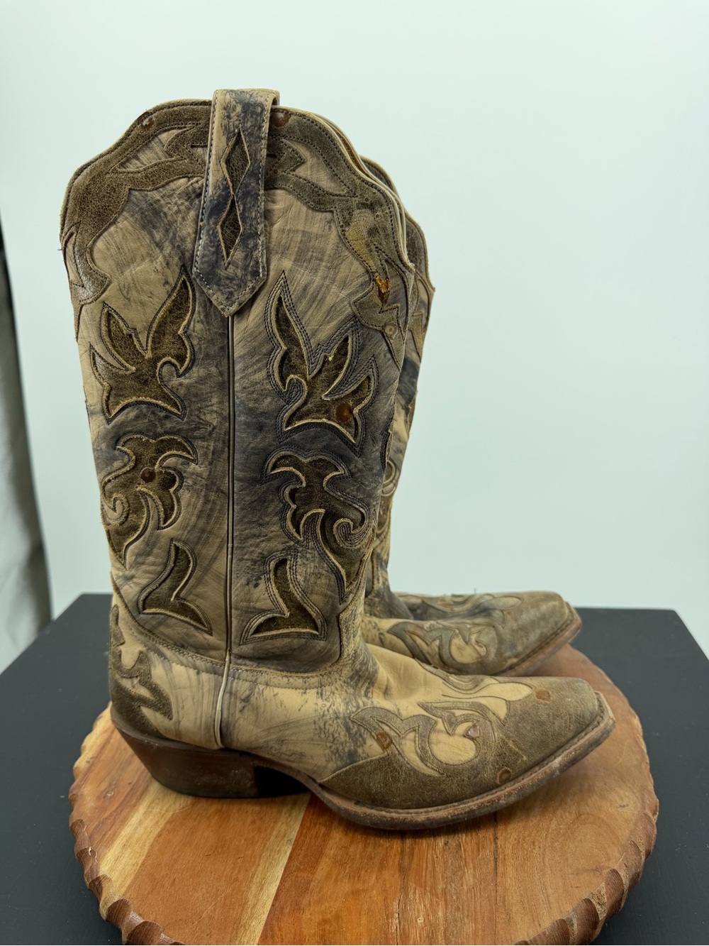 Johnny Ringo Distressed Leather Boots Women‎ Size 7 B Beige Western cowgirl